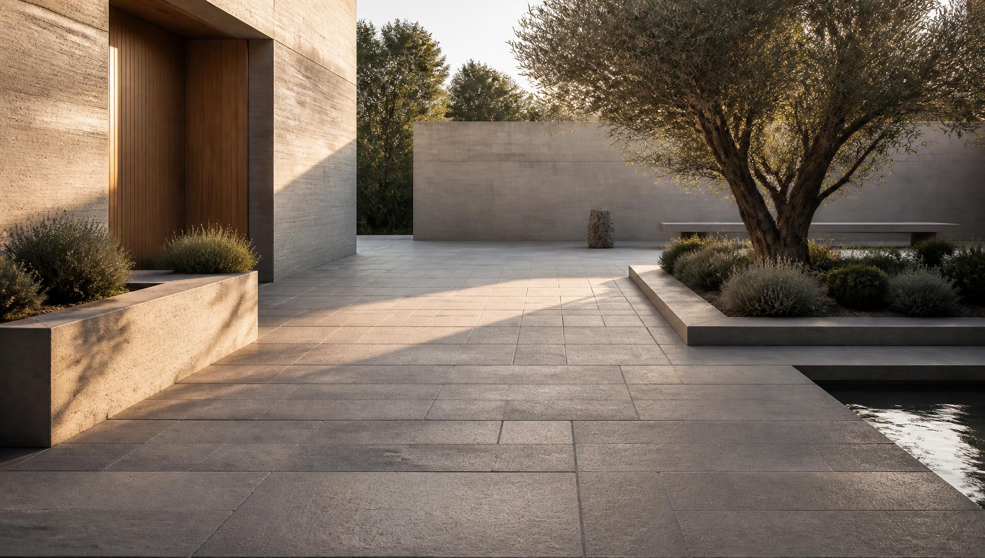 Modern courtyard paved with large-format Acker-Stone concrete pavers at golden hour